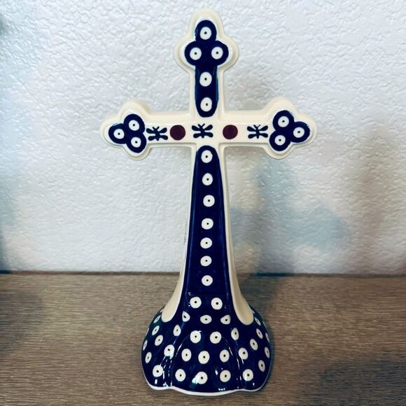 Boleslawiec Polish Pottery Peacock Circles Ceramic Cross Statue - Picture 1 of 4